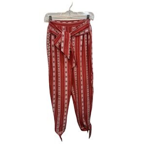 Shein Pants Women's Medium Red Patterned Boho Geo Print Pull Front Tie Stretch